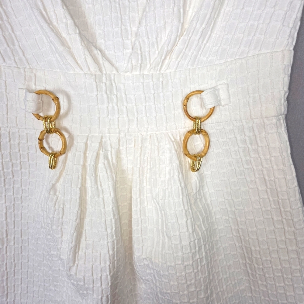Sandra Darren White Sleeveless Dress Bamboo Gold Vertical Chain At Waist Size 6 - Picture 2 of 10